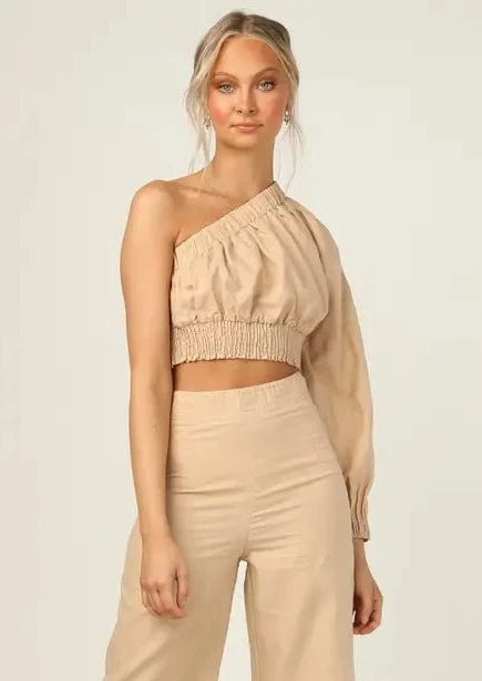 COTTON WAISTBAND ONE SHOULDER TOP