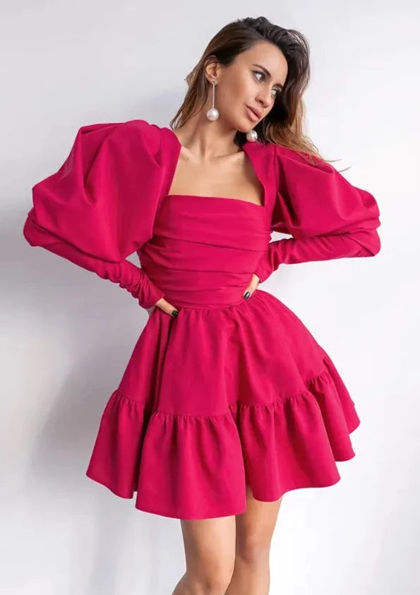 PUFF SLEEVE RUCHED DRESS