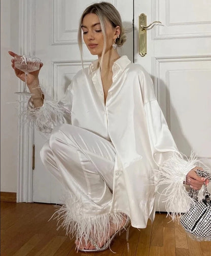 Long Sleeve Feather Pants Suit