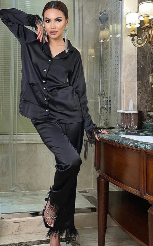 Long Sleeve Feather Pants Suit